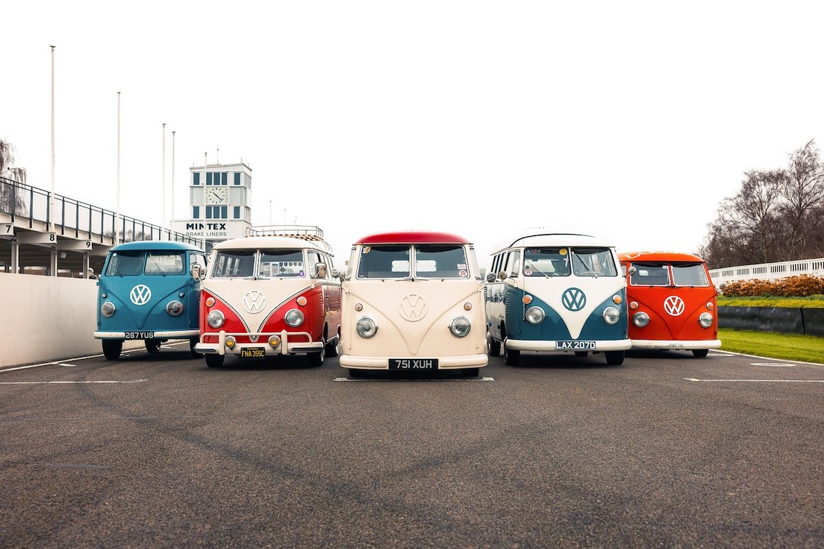 VW Type 2 Split Screens at the historic Goodwood Motor Circuit ahead of the opening track parade at the Goodwood Revival